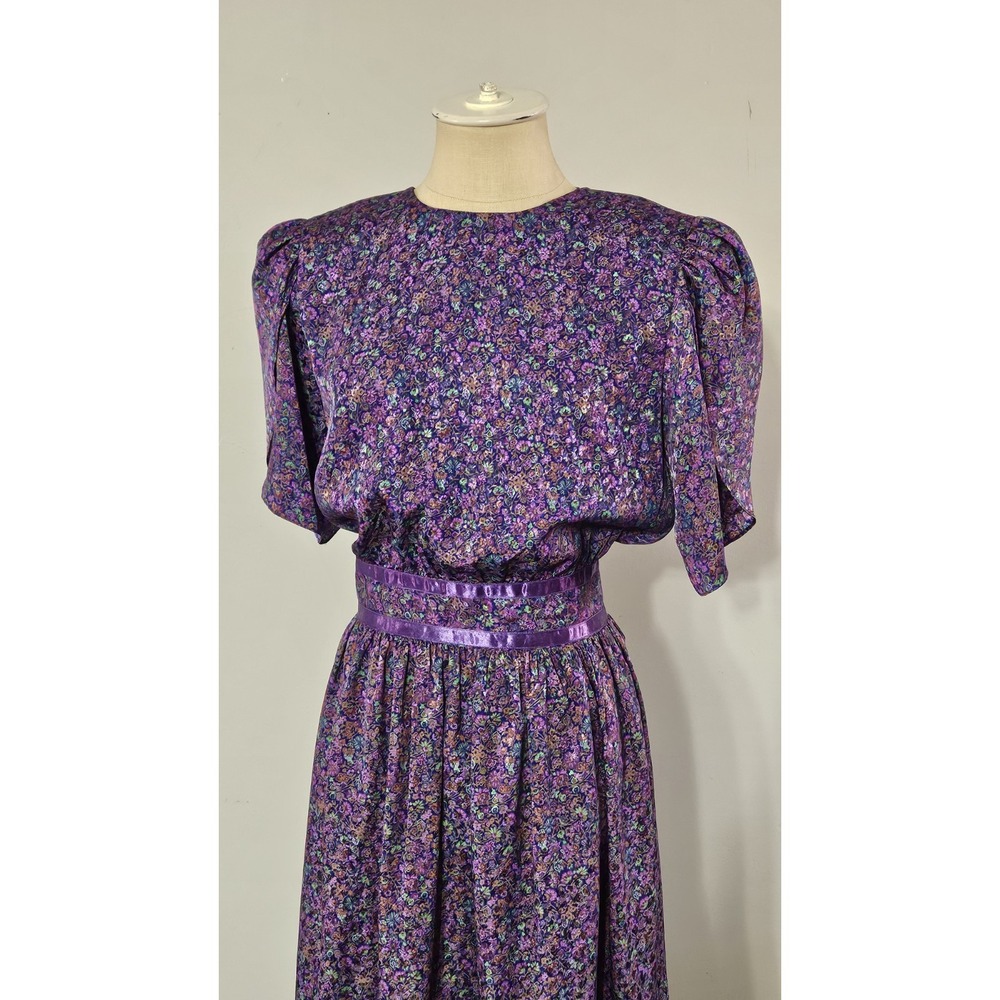 Maggy Boutique Vintage 80s Purple & Green Short Sleeve Midi Dress Size 8 - Picture 5 of 13